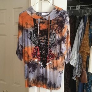 Lace up hooded tie dye shirt